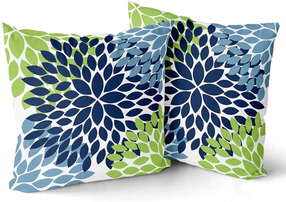 Navy Blue Green Pillow Covers 18X18 Light Blue Dahlias Flowers Modern Farmhouse Rustic Decorative Cotton Couch Pillow Cases with Zipper Set of 2 Home Decor for Living Room Bedroom Bed Cushion Outdoor