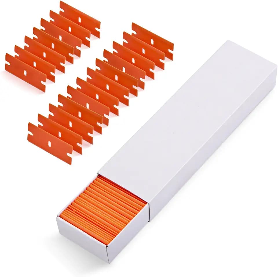 EHDIS Plastic Razor Blades 100 PCS Double Edged Blade for Safety Glass Scraper and Plastic Razor Scraper Tool to Remove Decals, Stickers, Adhesive Labels, and Glass Clean - Orange