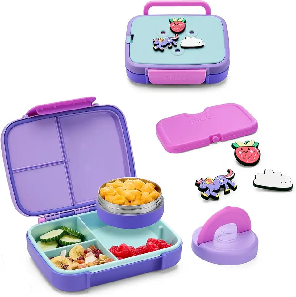Ello Benni™ Kids Bento Box with Insulated Food Jar and Ice Pack, Leakproof Lunch Container, 3 Compartments, Charm Compatible, Hot and Cold Food Storage for School Lunch and Field Trips | Grape Fizz