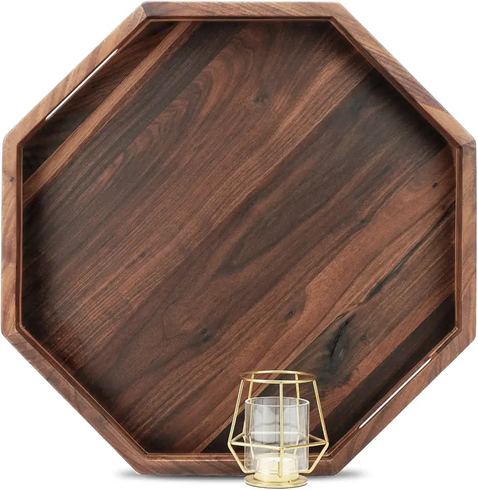 18" Large Octagonal Black Walnut Wood Ottoman Tray with Handles