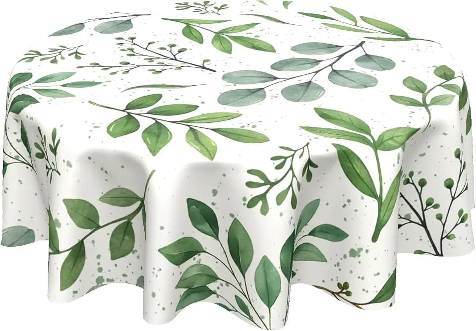 Sweetshow Spring Floral Teal Sage Green Tablecloth Round 70 Inch Watercolor Eucalyptus Leaf Round Table Cloth Wrinkle Resistant Washable Table Cover for Kitchen Dining Room Holiday Party Picnic Patio