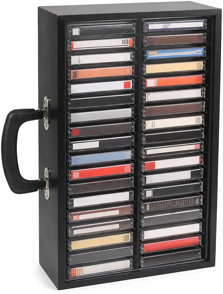 Cassette Tape Storage Box with Acrylic Sliding Dust Cover – 36-Slot Organizer with Dividers & Side Handle, Handmade Wooden Tape Holder for Home Studio & Display