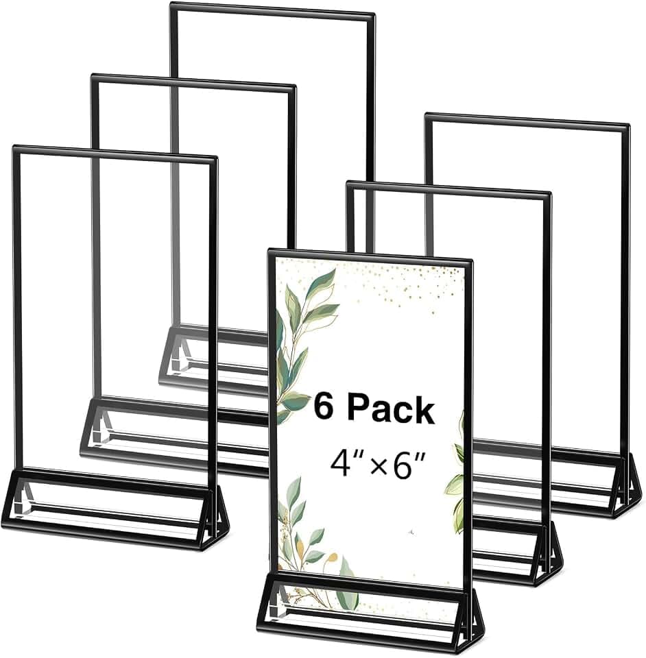 Zonon 6 Pack Clear Acrylic Sign Holders Double Sided Black, 4 x 6 Inch