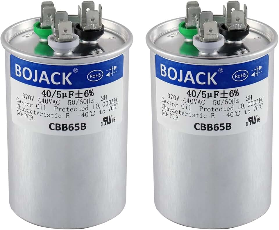 BOJACK 2 Pcs 40+5uF 40/5 MFD ±6% 370V/440V CBB65 Dual Run Circular Start Capacitor for AC Motor Run or Fan Start or Condenser Straight