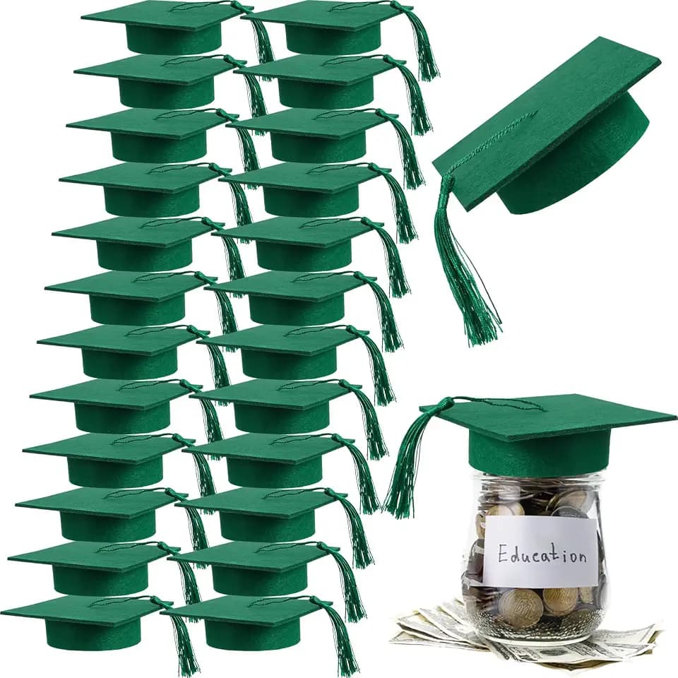 Mindsoft 24 Pcs 2026 Graduation Cap Decorations Mason Jar Lid with Tassels 4.2 Inch Grad Hat Large Mason Can Toppers for 2026 Graduation Party Supplies Table (Green)