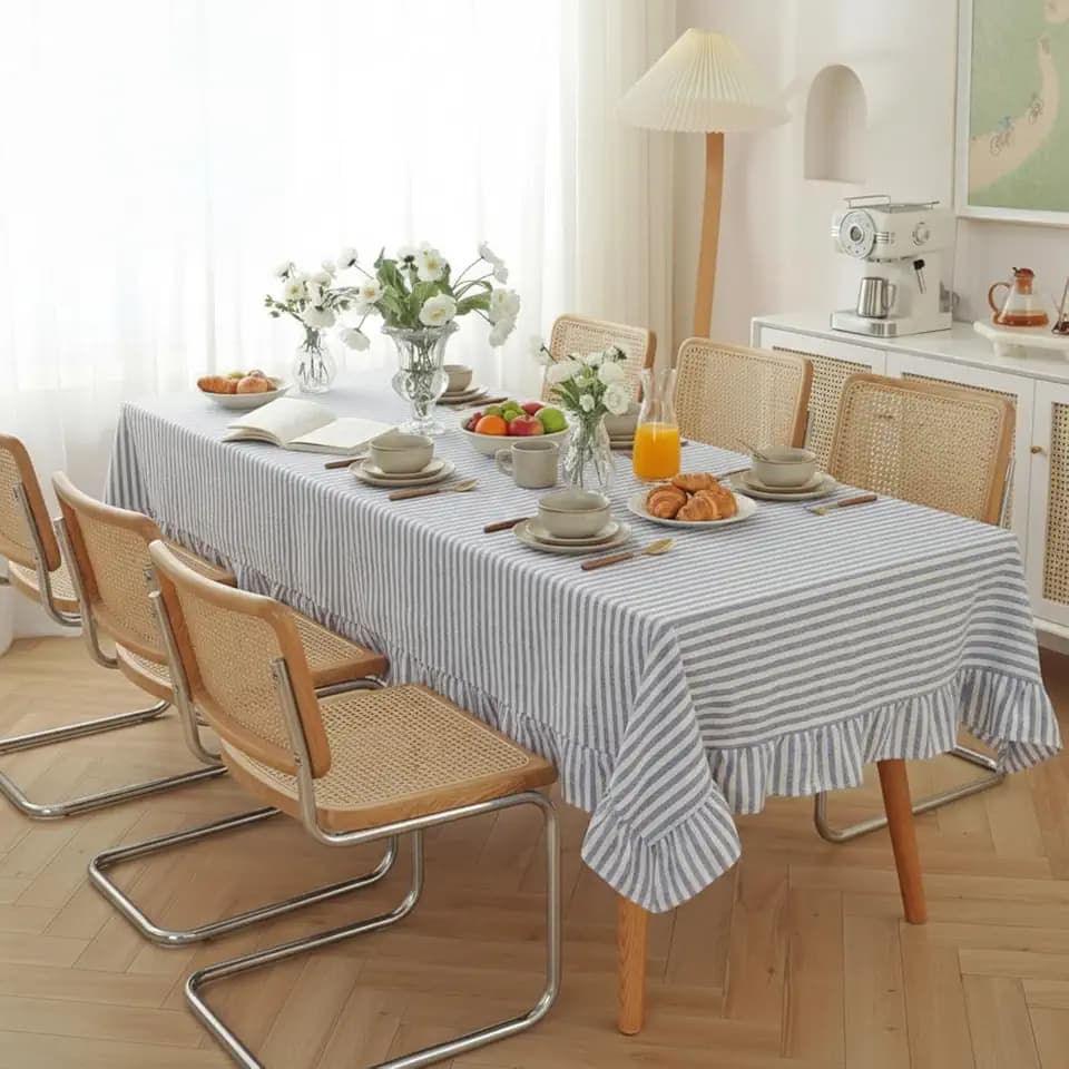 Boao Cotton Striped Tablecloth Rectangle 60" X 120" Blue White