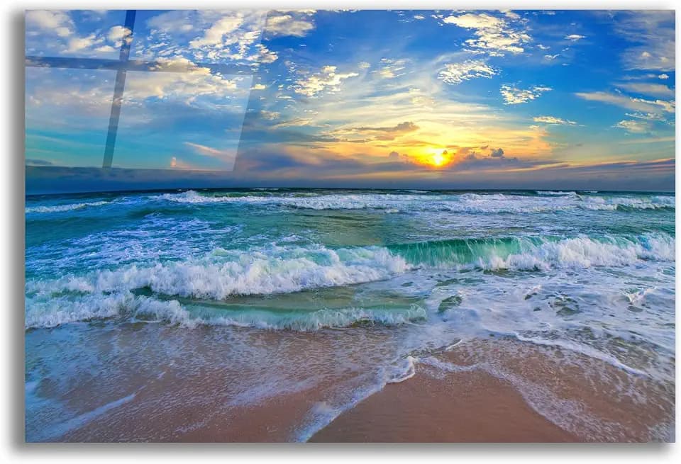 Epic Art 'Blue Beach Waves Sunset Tropical Seascape' by Ezra Tanner, Acrylic Glass Wall Art, 24"x16"