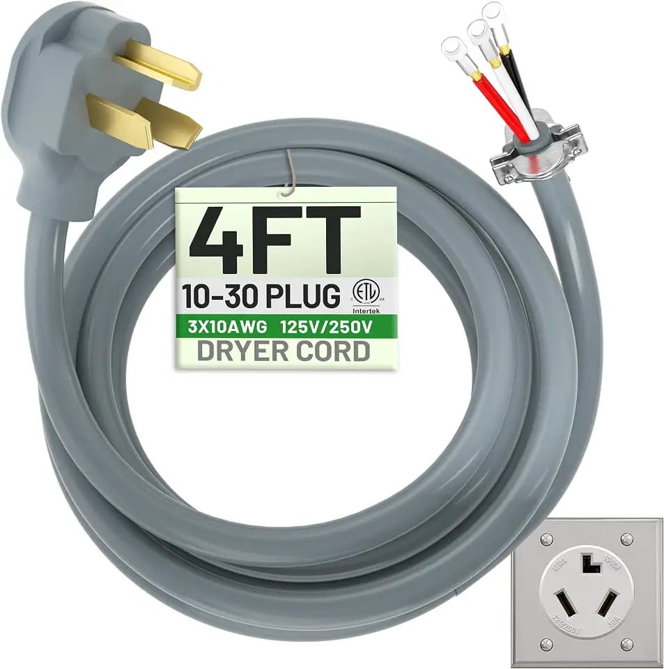 POWGRN 4FT 3 Prong Dryer Cord, Pure Copper Wire, ETL Listed, STW