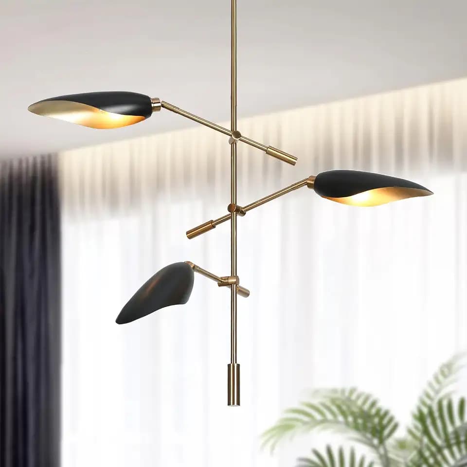 KSANA Modern Black and Gold Chandelier, Industrial 3-Light Sputnik Chandelier Ceiling Pendant Light Mid-Century Dining Room Light Fixtures with Metal Leaves Shade, Black & Electroplated Brass Finish