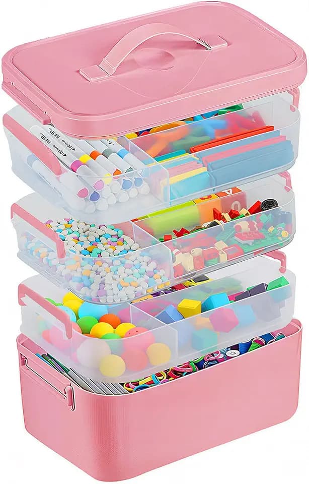 Gifhomfix 4-Layer Plastic Craft Organizers and Storage Box with Removable Trays, Storage Containers with lids and Handle, Art Supply Storage Organizer for Organizing Bead, Sewing, Tool(Pink)