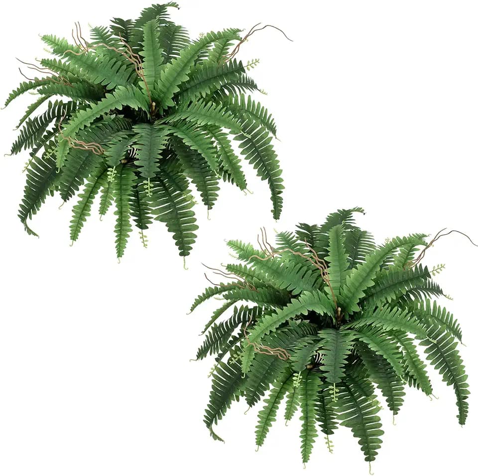 35” Artificial Boston Fern Bush Plant, 2 Faux Ferns for Outdoors Large, Fake Ferns Realistic Artificial Plants with 39 Fronds for Garden Porch Patio Home Office Living Room Decor Green