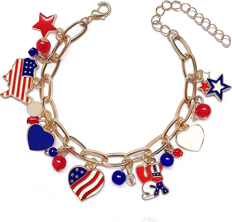 4th of July Bracelet for Women Men Teens - Red White Blue USA Charm Bracelet with American Flag Pendants Patriotic Outfits Accessories