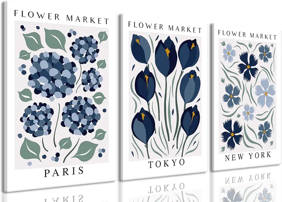 BingruiArt Navy Blue Flower Market Canvas Wall Art Set of 3 16x24 Framed