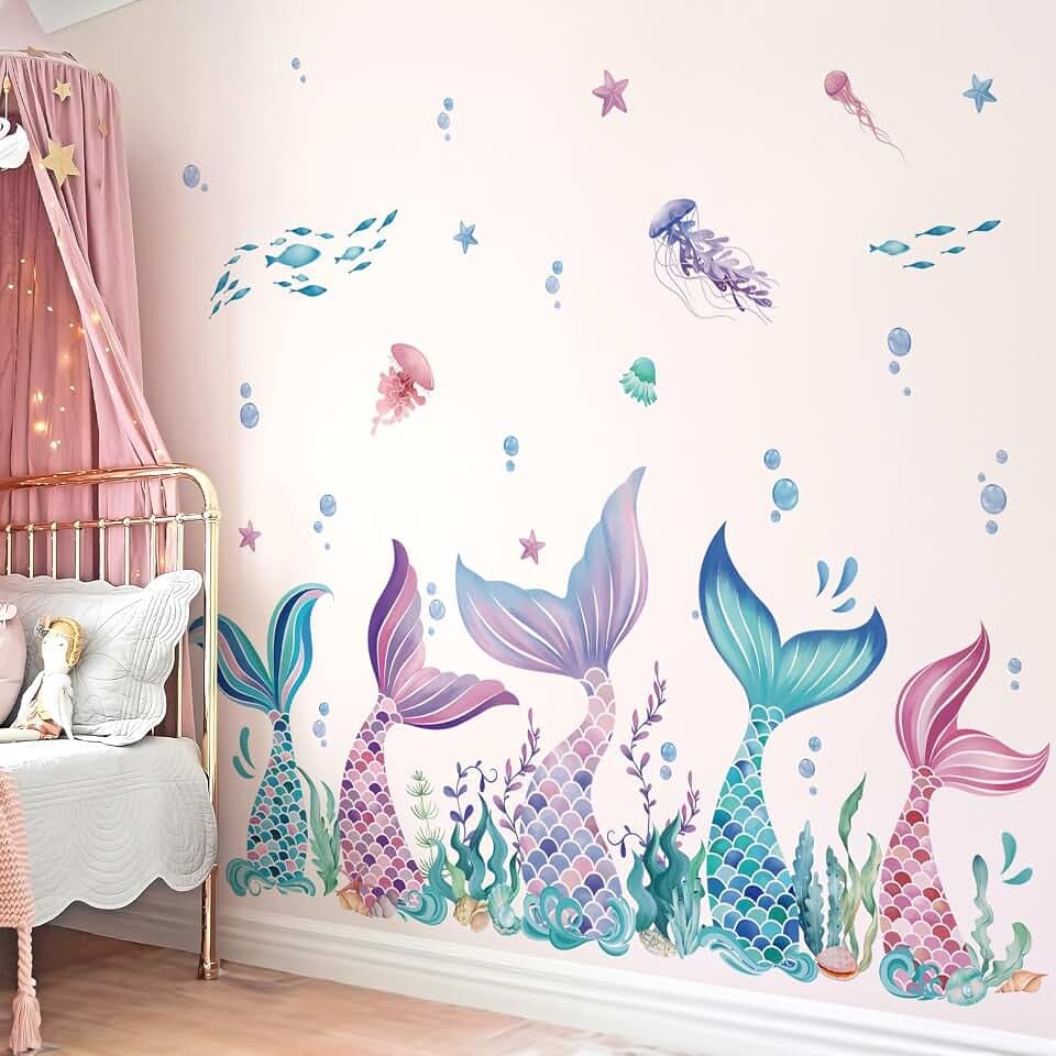 wondever Mermaid Tail Wall Decals Under The Sea Seaweed Wall Stickers