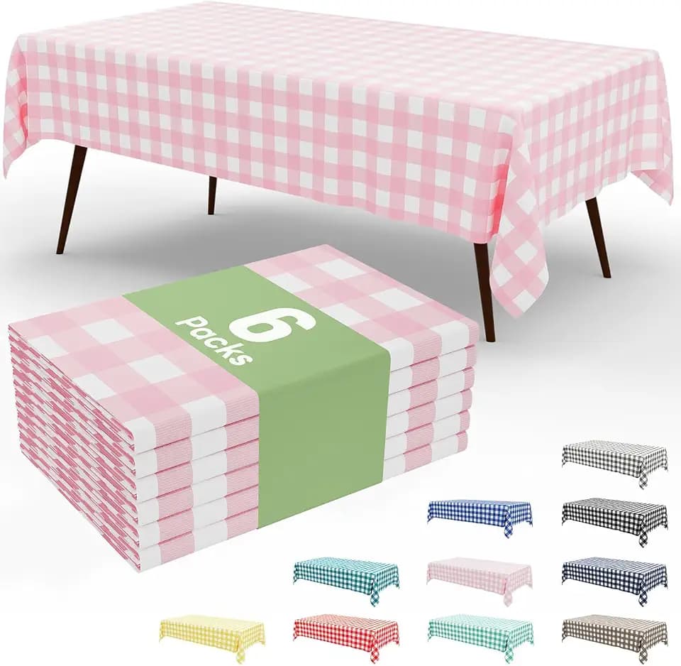 Smiry 6 Pack Pink Gingham Disposable Tablecloths - 54" x 108" Heavy Duty Plastic Table Cloth, Waterproof Buffalo Plaid Table Covers for Picnic, Banquets, Outdoor Parties