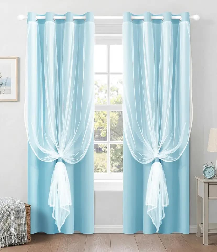100% Blackout Curtains with Sheer Overlay, Blue, 52 x 84 inch, 2 Panels