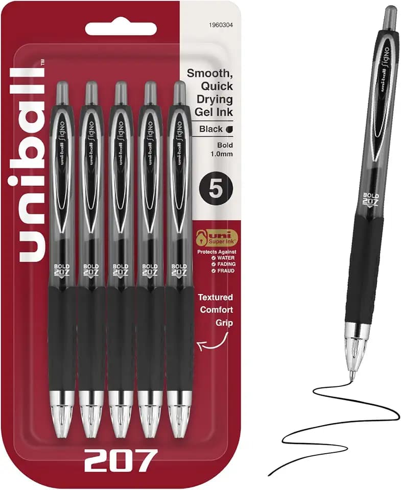 uniball™ 207 Gel Pens, Black Ink, 1.0mm Bold Point, Retractable, 5 Count