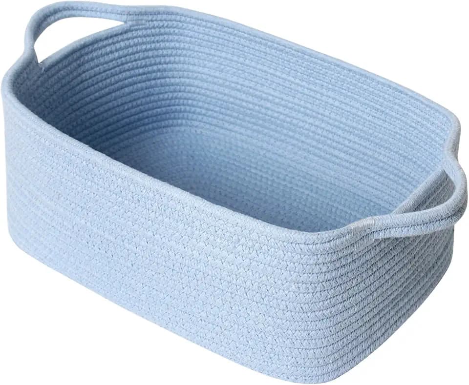 MEGASKET Blue Woven Basket, 13.5” x 10” x 6” Blue Empty Gift Basket to Fill, Decorative Cotton Rope Storage Bin for Organizing, Cute Baby Nursery Organizer, Rectangle Dog Toy Bin, Room Decor