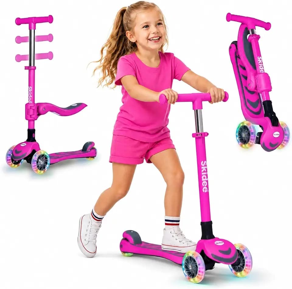 SKIDEE Kick Scooter for Kids Ages 3-5 | Foldable 3 Wheel Scooter with Lean-to-Steer, Adjustable Height, Removable Seat & LED Light Wheels | Toddler Scooter Up to 12 Year Old Boys/Girls