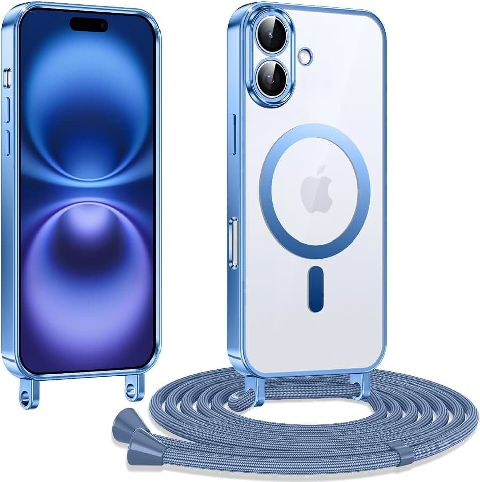 Kokio Handykette Hülle für iPhone 16 6,1 Zoll mit Band, Magnetische Transparent Handyhülle Kompatibel mit MagSafe, Kratzfeste Stossfest Schutzhülle mit Einstellbar Kette, Blau