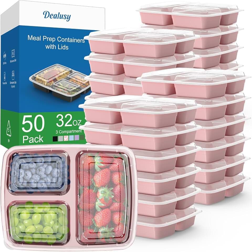 Dealusy 50 Pack 32 oz Meal Prep Containers with Lids 3-Compartment, Pink