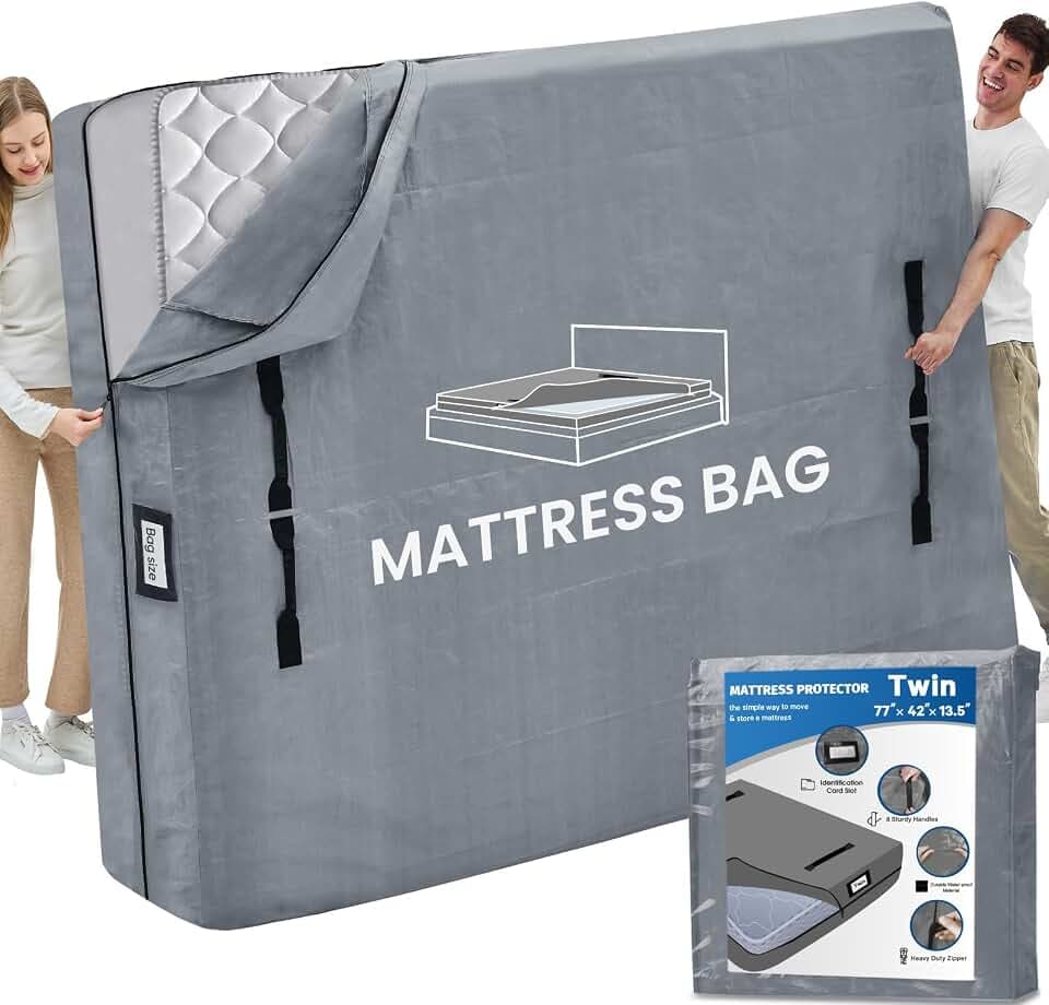 Mattress Bags for Moving and Storage, BETU Twin Mattress Protector Waterproof Mattress Cover with 8 Heavy Duty Handles and Zipper Extra Thick Moving Supplies for Dorm Bed Reusable (77x42x13.5 Grey)
