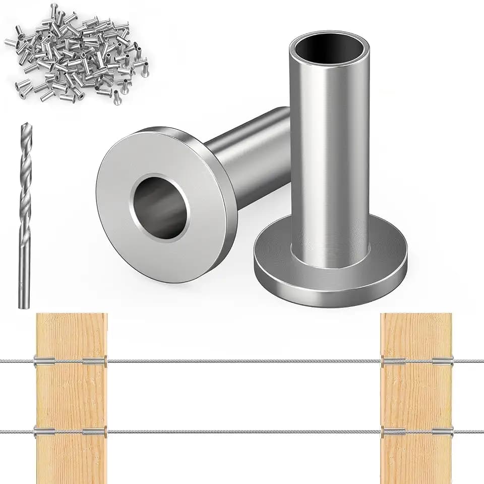 Steel DN Mate 200 Pack Stainless Steel Protector Sleeves for 1/8" Wire Rope, Cable Railing Hardware for Deck/Cable Railing System, T316 Marine Grade, Cable Sleeves Come with a Drill Bit DE50
