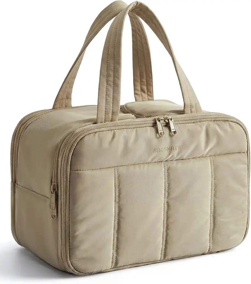 BAGSMART Travel Toiletry Bag, Puffy Large Toiletry Bag for Women, Lightweight Cosmetic Makeup Bag Organizer with Handle for Traveling, Accessories, Essentials, Toiletries (Grayish Brown)