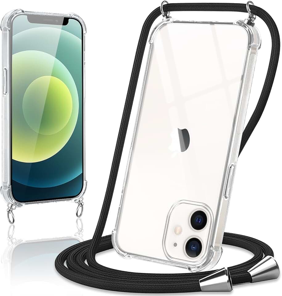 Coiwxmoi Handyband Handyhülle für iPhone 12 Mini Hülle mit Band 5,4",Transparent Case mit Kette Abnehmbar zum Umhängen Kordel Schutzhülle,Weich Silikon TPU Stoßfest Cover für iPhone 12 Mini,Schwarz