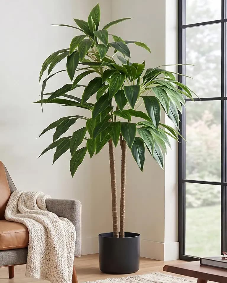 DUMOS 4FT Artificial Dracaena Tree, Realistic Faux Indoor Floor Plant with Lifelike Leaves in Black Planter Pot, Maintenance Free Artificial Plant for Home Office Living Room and Porch Decor