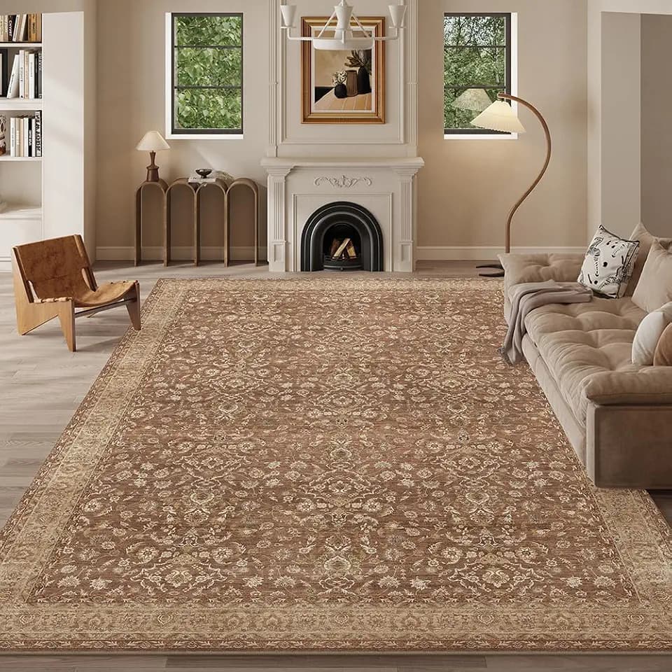 8x10 Reddish Brown Washable Area Rug for Living Room, Vintage Print