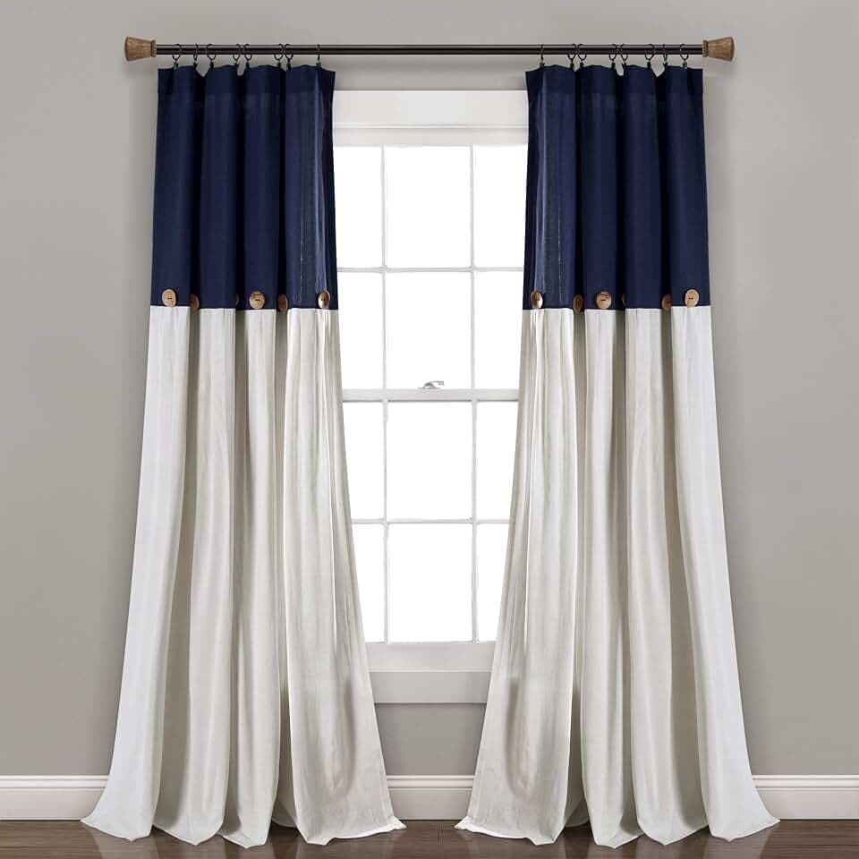 Lush Decor Linen Button Window Curtain Panel, Single, 40" W x 95" L, Navy & Off-white - Country Curtains - Rustic Decor - Color Block Modern Farmhouse Curtains For Living Room, Bedroom & Dining Room