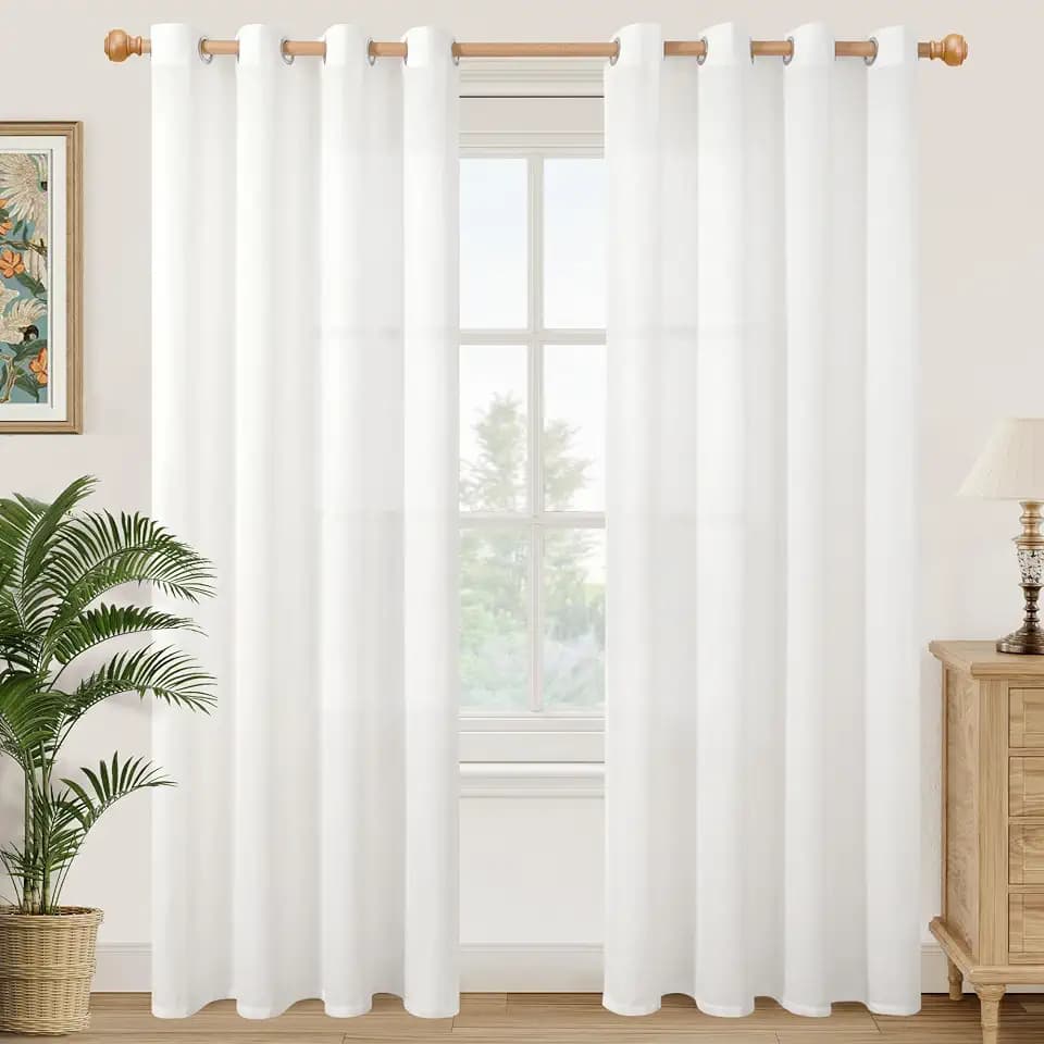 YoungsTex White Linen Sheer Curtains 80 Inches Length for Living Room, Grommet Window Drapes Light Filtering for Bedroom Office Privacy, 2 Panels, 52 X 80 Inch