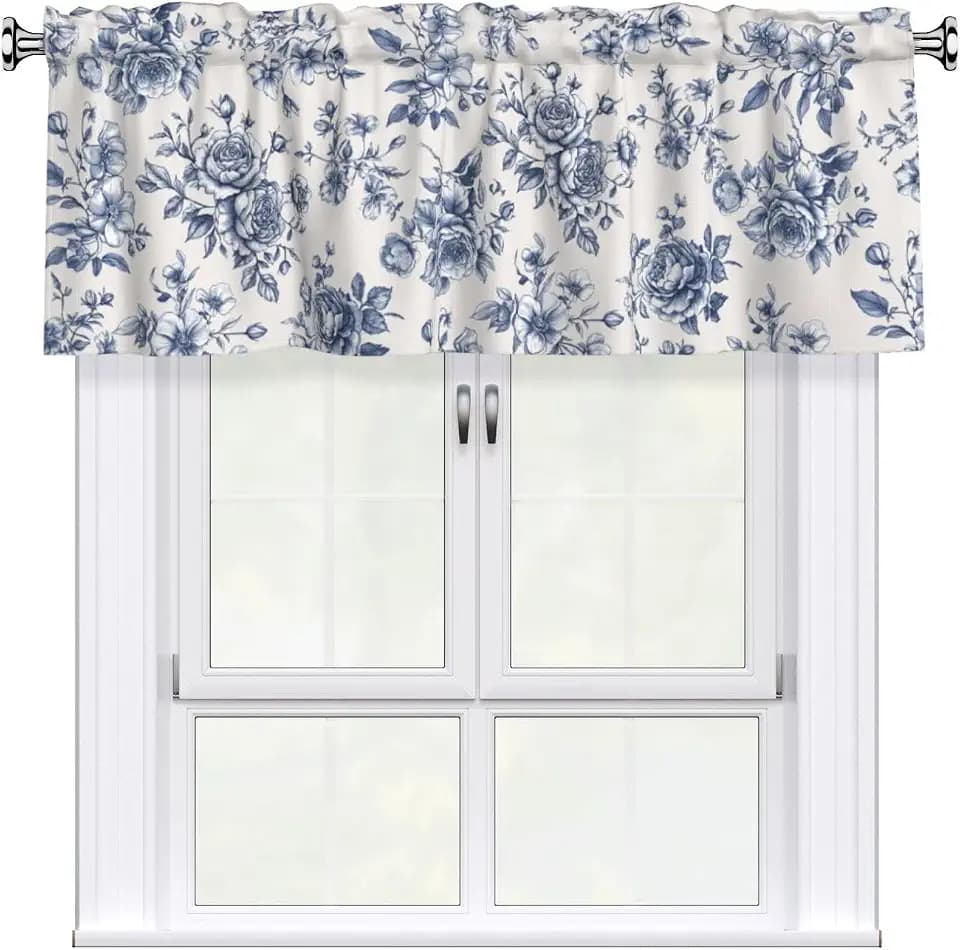 Miaoquhe Floral Valances for Windows 54"x18" Chinoiserie Flowers Blue and White Short Curtains for Kitchen Spring Vintage Small Window Treatment Rod Pocket Valance for Bedroom Dining Room Decor