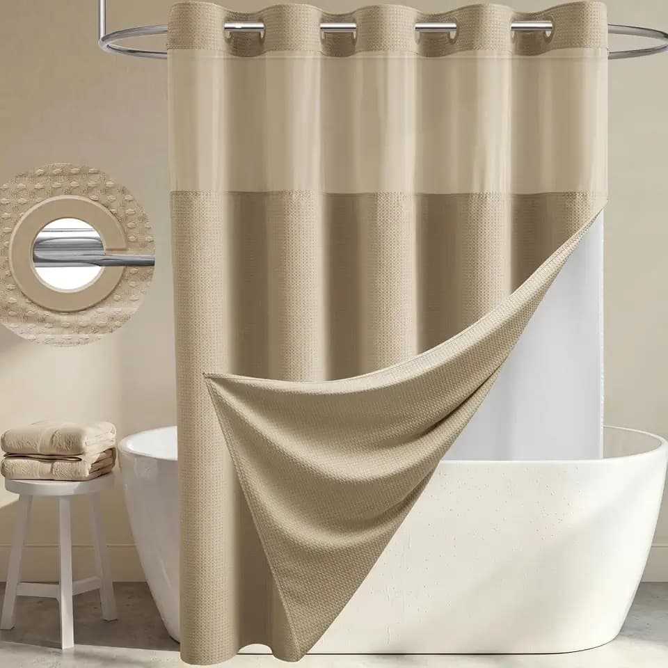 Dynamene Ringless Waffle Weave Fabric Shower Curtain Set, Beige, 60"x75"