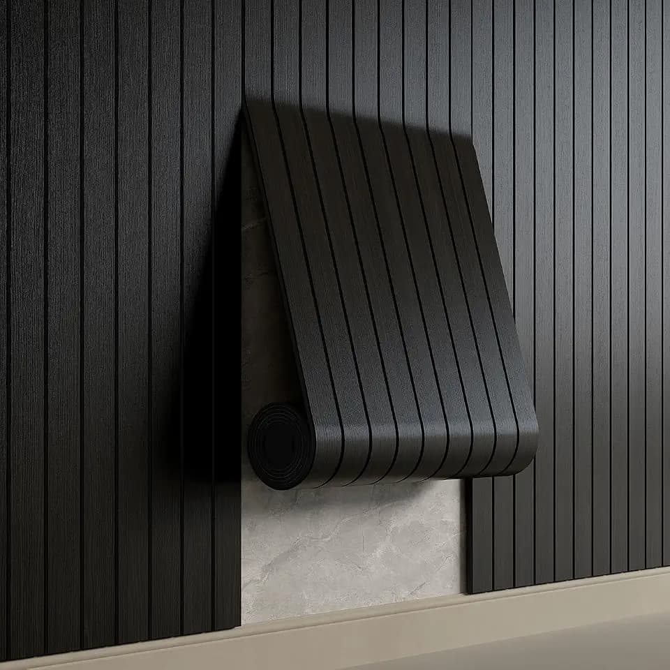 YU LI 3DH Peel and Stick PVC Slat Wall Panel 118"x15.75" Self-Adhesive Thick Faux Black Wood Grain Wallpaper Panel 3D Soundproof Wall Panels for Walls & Ceilings