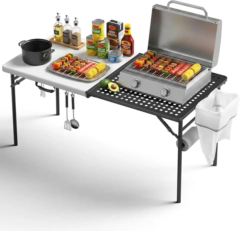5FT Folding Table Portable Picnic Table with Metal Grid Grilling Surface, Foldable Camping Table Food Prep Station for BBQ, Patio & Beach