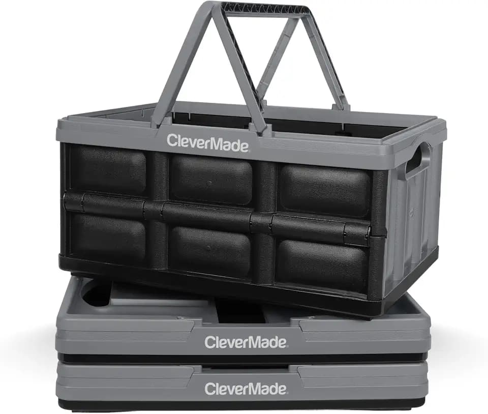 CleverMade Collapsible Shopping Basket, 32L Storage Crate, 3 Pack, Stone