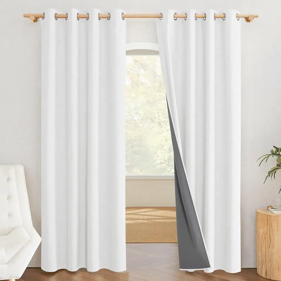 NICETOWN 100% Absolutely Blackout Linen Curtains with Thermal Insulated Grey Liner, Greyish White, 52 inches Wide, 84 inches Length Energy Saving Curtains for Living Room 2 Panels Set, Vertical Blinds