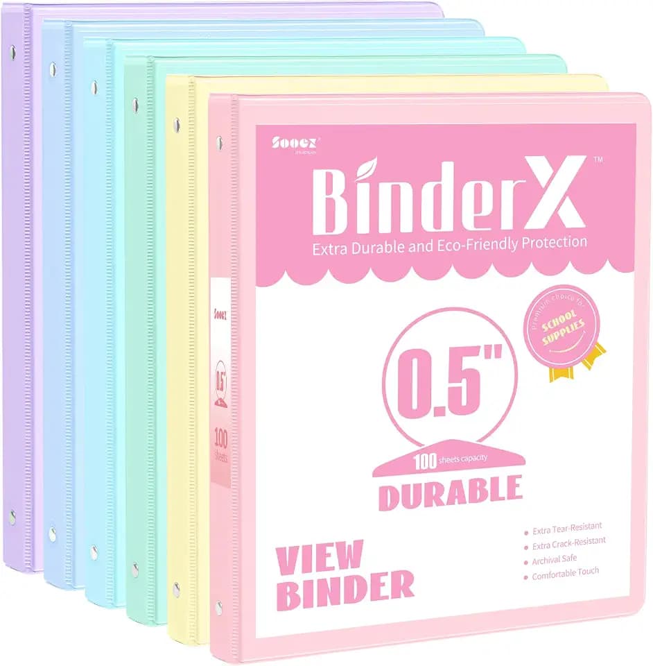 Sooez 3 Ring Binders 1/2 Inch 6 Pack, 0.5" Three Ring Binder with Pockets