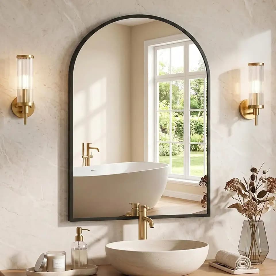 NEWBULIG 20X30 Inch Arched Bathroom Wall Mirror for Over Sink, Black
