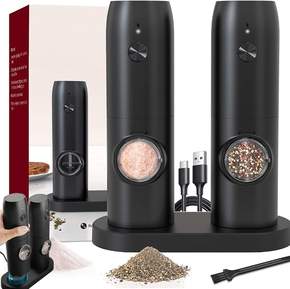 Electric Salt and Pepper Grinder Set of 2, Automatic Pepper Mill,USB Rechargeable, Adjustable Coarseness, One-handed Operation, Ceramic Burr,Refillable, Auto Grinders with Charging Base LED Light