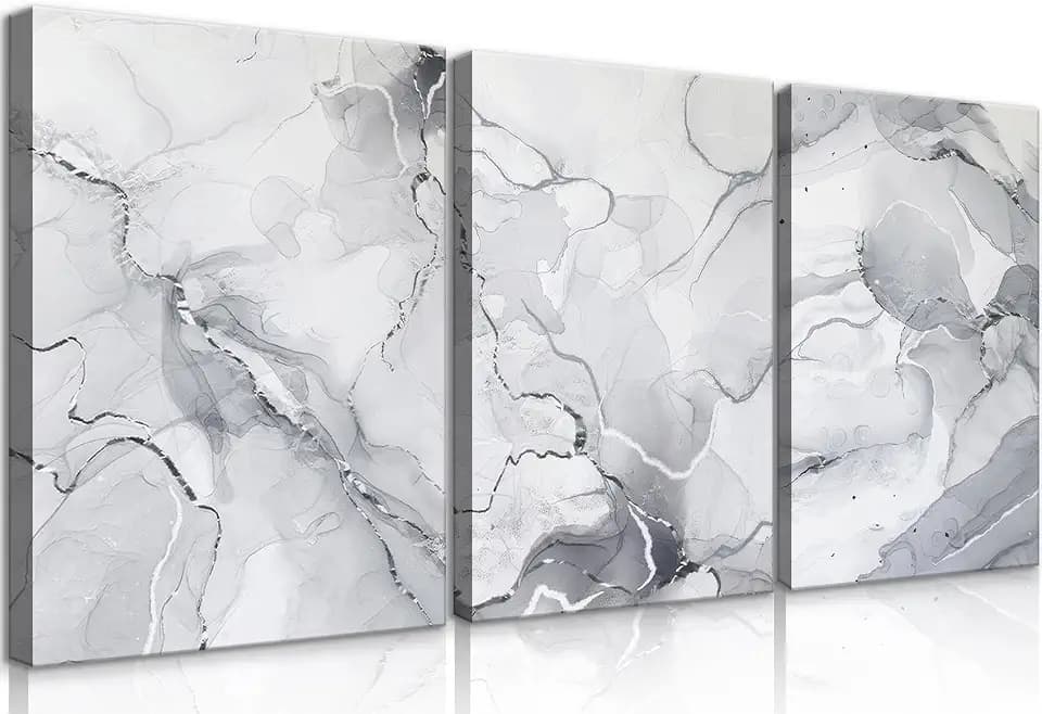BJVJKSU Gray White Wall Art - Modern Silver Abstract Marble Canvas Wall Art Vertical Paintings Prints Posters for Living Room Bedroom Office Home Wall Decoration (16x24in)