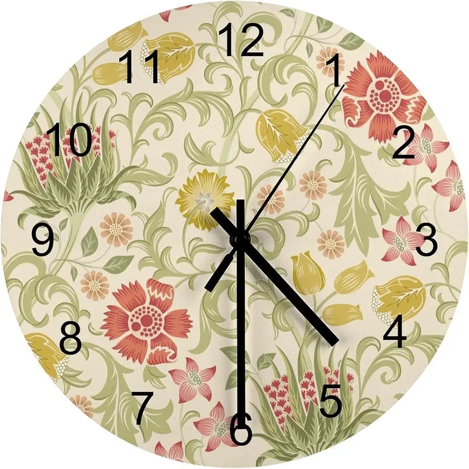 Retro Floral Wall Clock, Vintage William Morris Style White Garden Plants Herbs Red Flowers Wall Clocks Battery Operated Silent Non Ticking Round Wooden Clocks for Bathroom Living Room 12 Inch