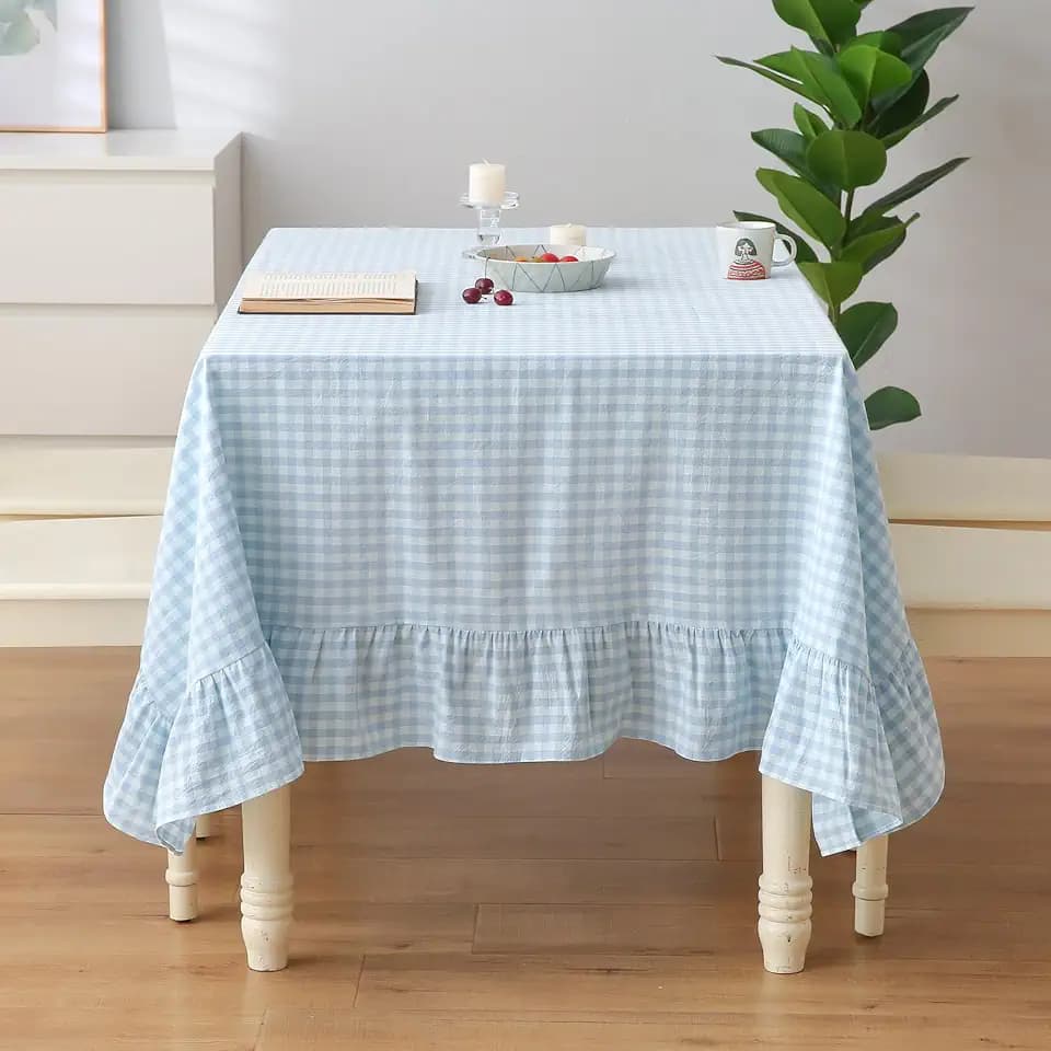 Light Blue White Gingham Ruffle Tablecloth Square 60"x60"