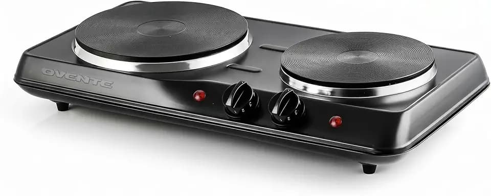 OVENTE Electric Cast Iron Double Burner, 1700W Hot Plate, Black BGS102B