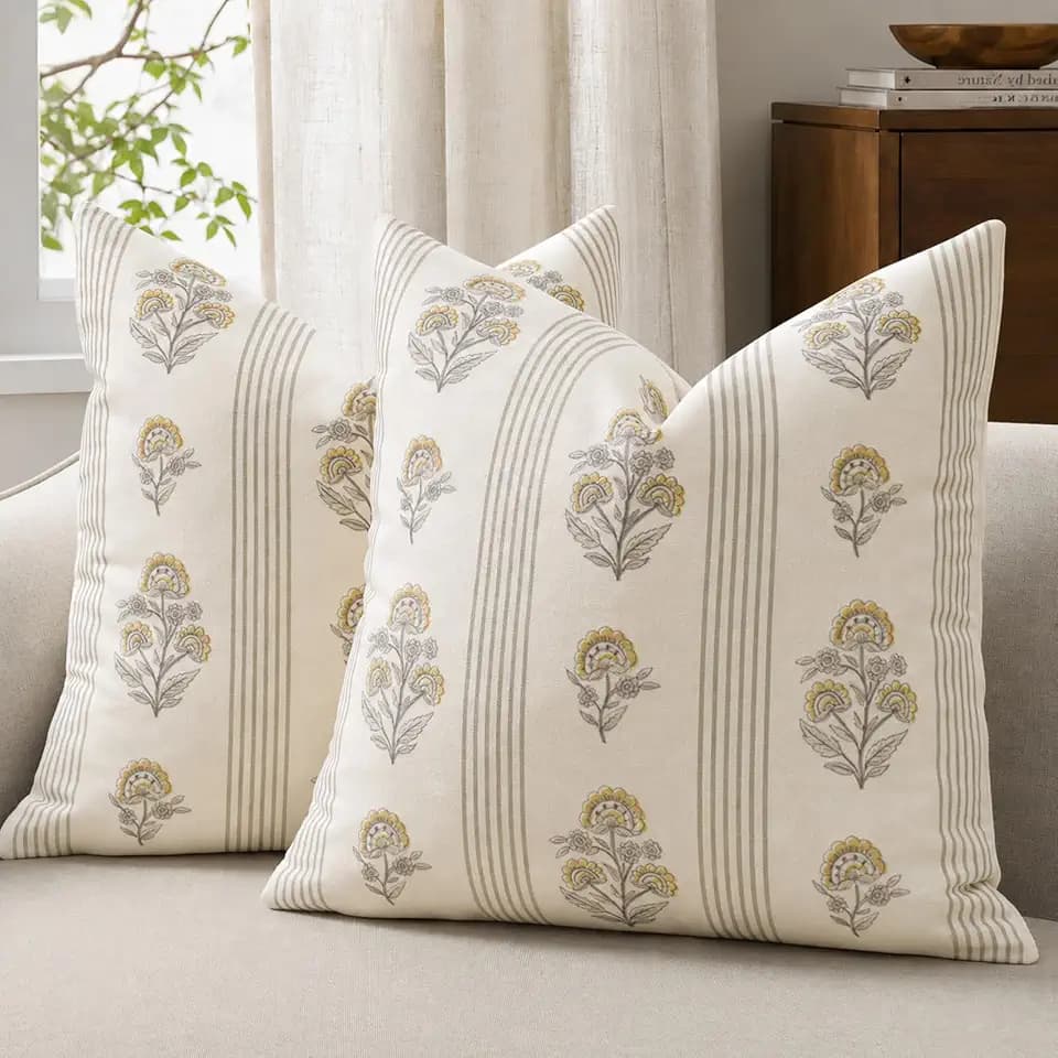 Vintage Throw Pillow Covers 18x18 Set of 2, Striped Floral Pillow Cover Botanical Patterned Decorative Cushion Covers Modern Farmhouse Home Decor for Sofa Couch Bed Living Room, Soft Mustard