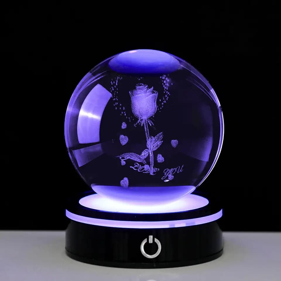 3D Rose Crystal Ball Figurine,3.15inch/80mm Figurines with Coloful LED Base Laser, Home Decorative Ball Night Light Ornament for Bedroom