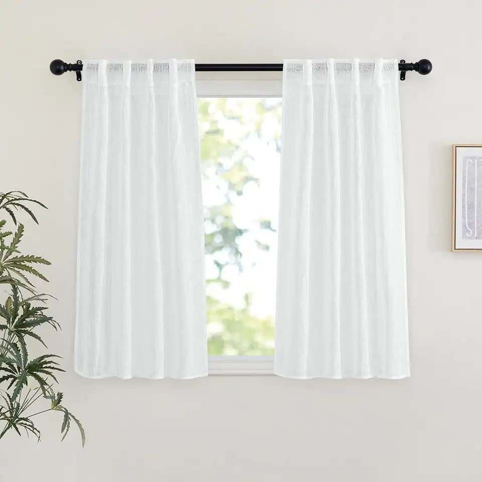 NICETOWN White Sheer Curtains 45 inches Long for Bedroom, Rod Pocket & Back Tab Linen Blend Window Treatments Semi Sheer Privacy Drapes with Light Filter for Farmhouse, W29 x L45, 2 Panels