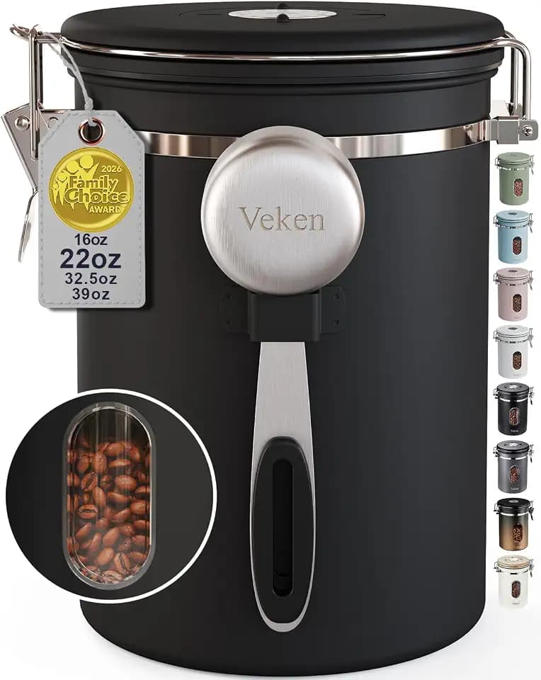 Veken Coffee Canister with Window, Airtight Stainless Steel Container, 22OZ
